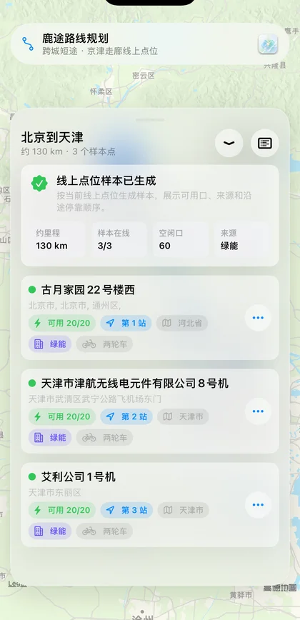鹿途北京到天津点位详情，显示样本站和可用口