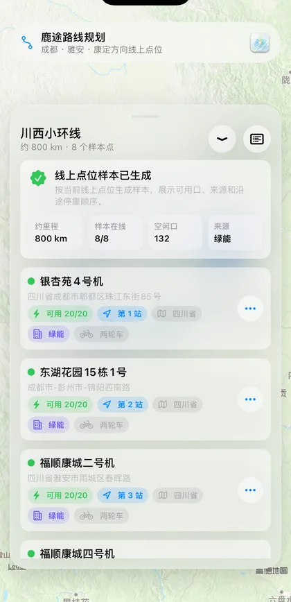 鹿途川西小环线点位详情，显示样本站和可用口