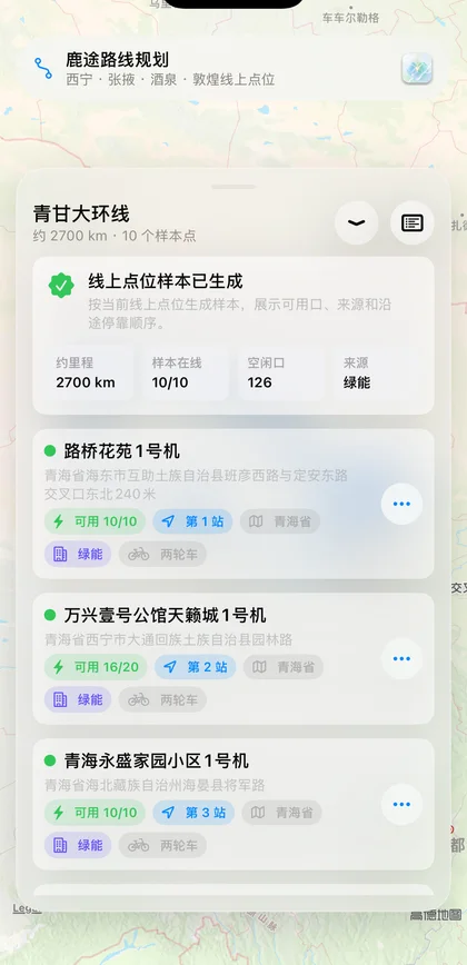 鹿途青甘大环线点位详情，显示样本站和可用口